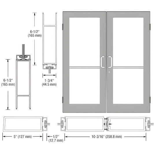 DC52411 custom wide-stile commercial double glass entry door, clear anodized aluminum frame with pull handles and dimensions.