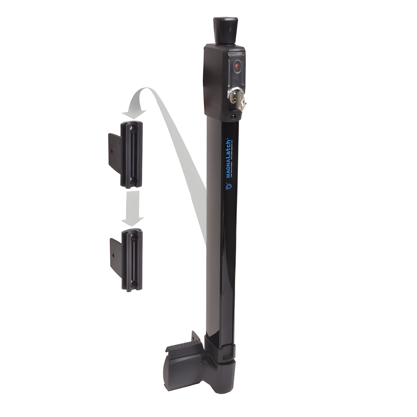 Black Magna-Latch Series 2 pool gate latch (SKU LL1MBL), polymer magnetic self-latching, key-lockable, adjustable.