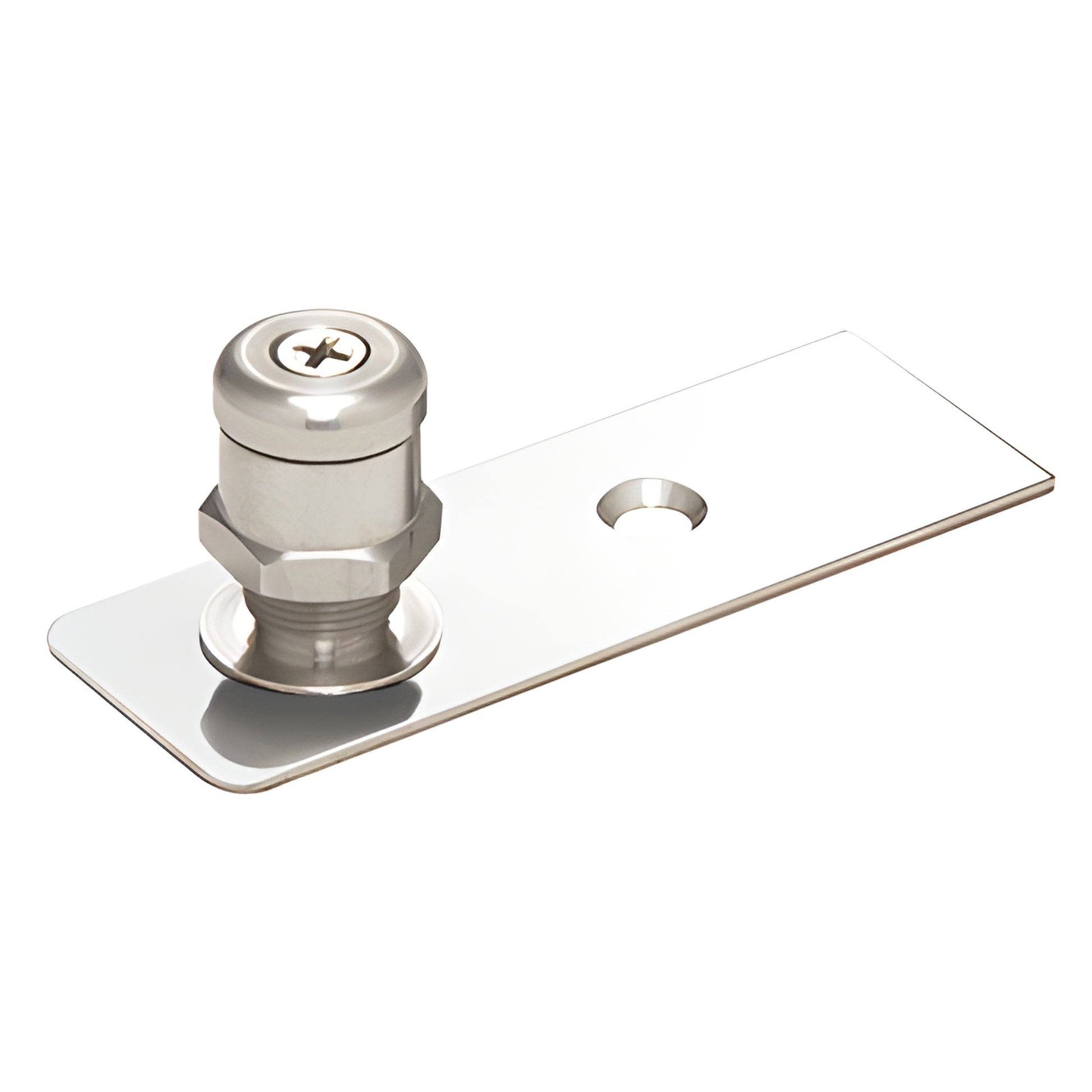 Polished stainless steel floor-mounted free-swing pivot on rectangular plate for glass doors, adjustable 3/16" (SKU 1NT407PS)
