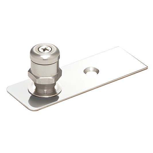 Polished stainless steel floor-mounted free-swing pivot on rectangular plate for glass doors, adjustable 3/16" (SKU 1NT407PS)