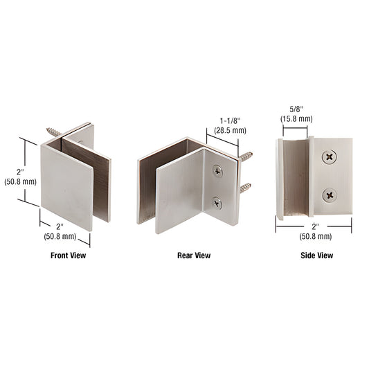 MFCW11 brushed stainless wall-mount square front clamp for 3/8-1/2" tempered glass, front/rear/side views with dimensions.