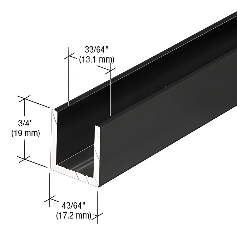 Matte black aluminum deep U-channel (SKU SDCD12MBL) for 1/2" glass - 3/4" high, 11/16" wide, 95" length.