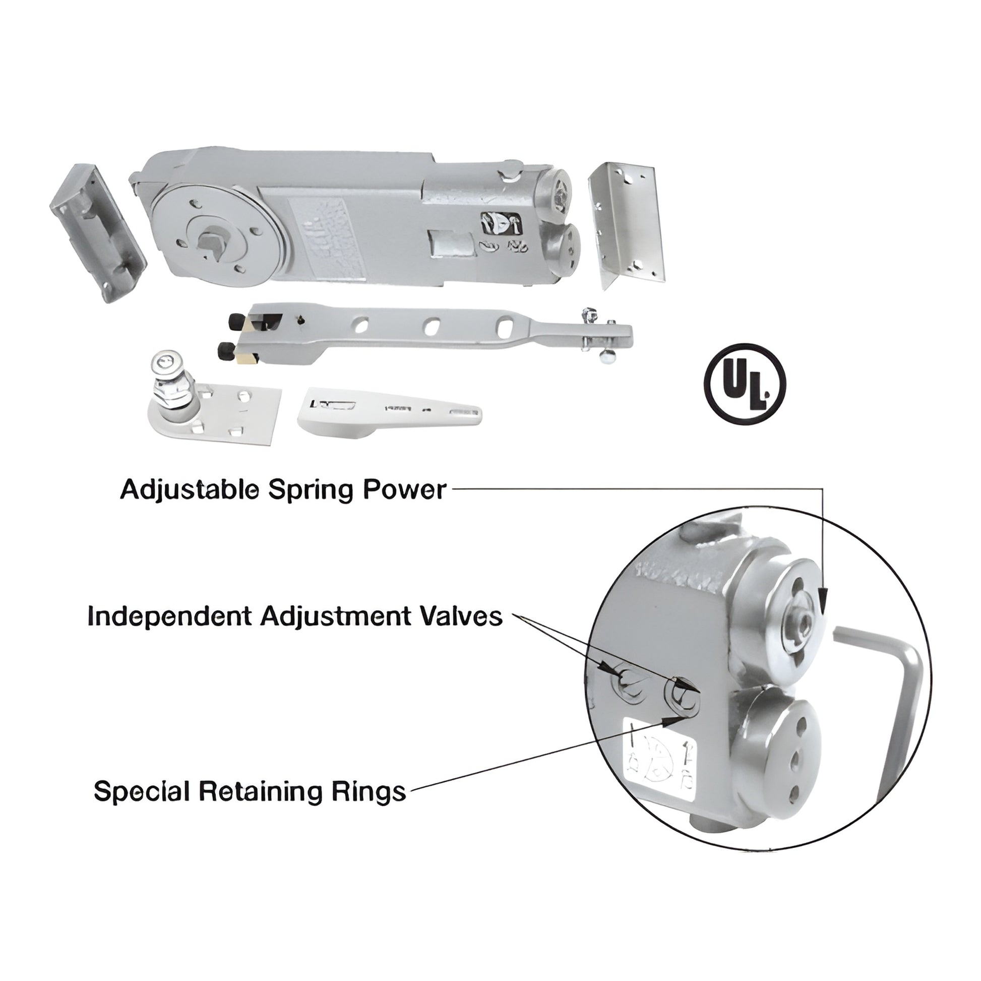 CRL8760A adjustable overhead concealed door closer kit - aluminum center hung body with end load arm, pivots and UL listing.