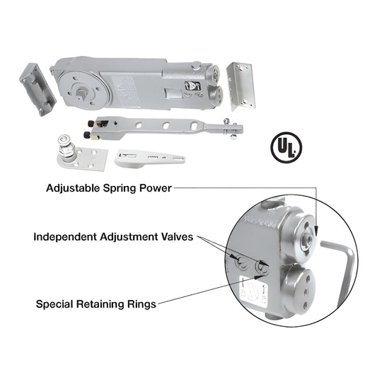 CRL8760A adjustable overhead concealed door closer kit - aluminum center hung body with end load arm, pivots and UL listing.
