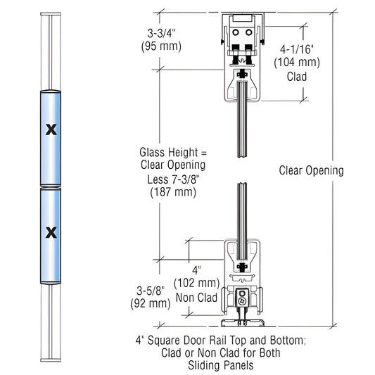 CRL SDR bottom-rolling sliding door system 4SDR21BBS, brushed stainless 4" square rails, for glass panels up to 48 x 108 in