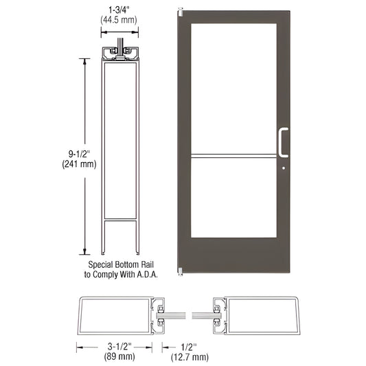 DE41222R036 black bronze anodized medium-stile commercial entrance door with ADA 9-1/2" bottom rail, push/pull handle and key