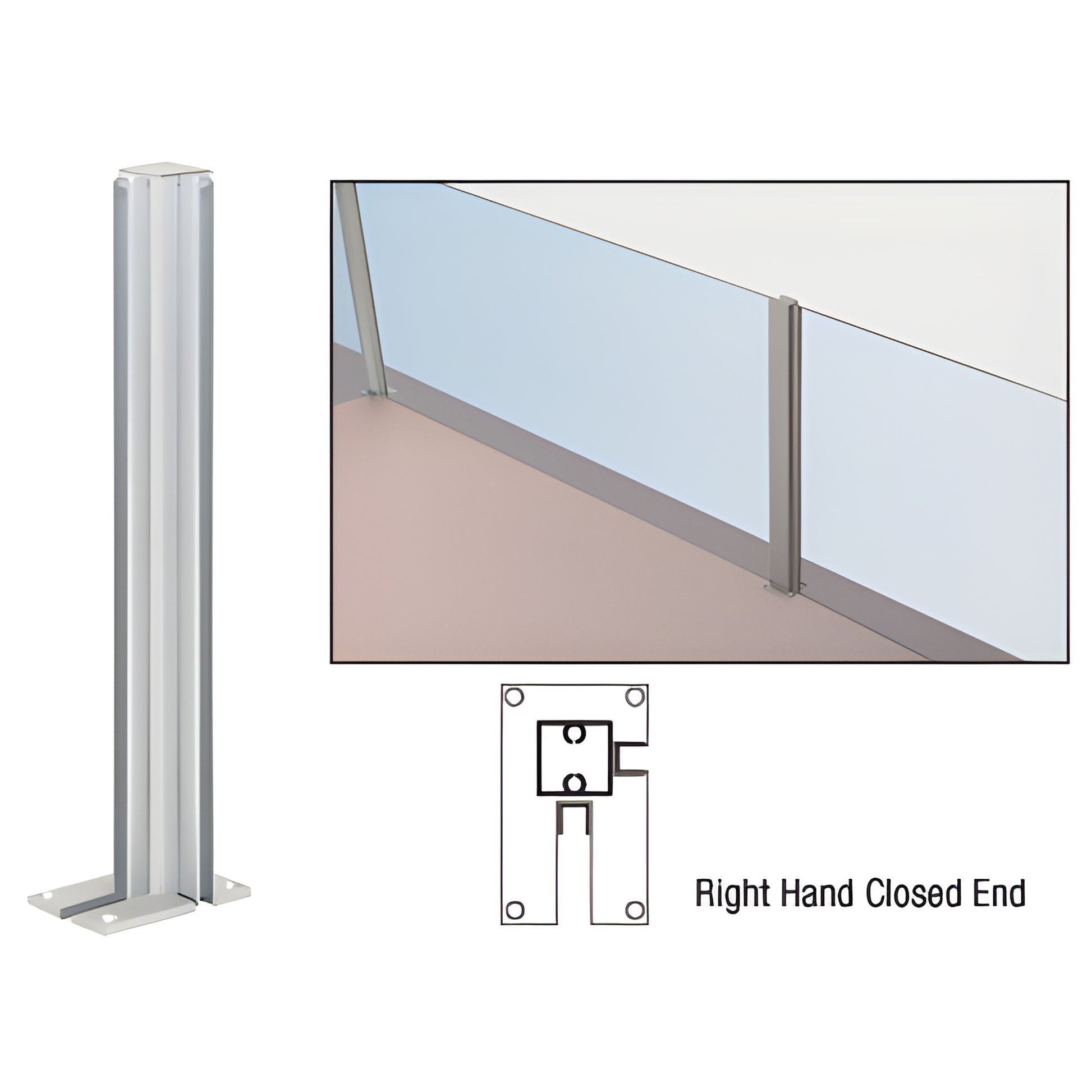 Satin anodized aluminum partition post, right-hand closed end, 36 in tall, U-channel for 1/4 in glazing, pre-drilled base