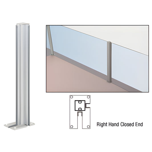 Satin anodized aluminum partition post, right-hand closed end, 36 in tall, U-channel for 1/4 in glazing, pre-drilled base
