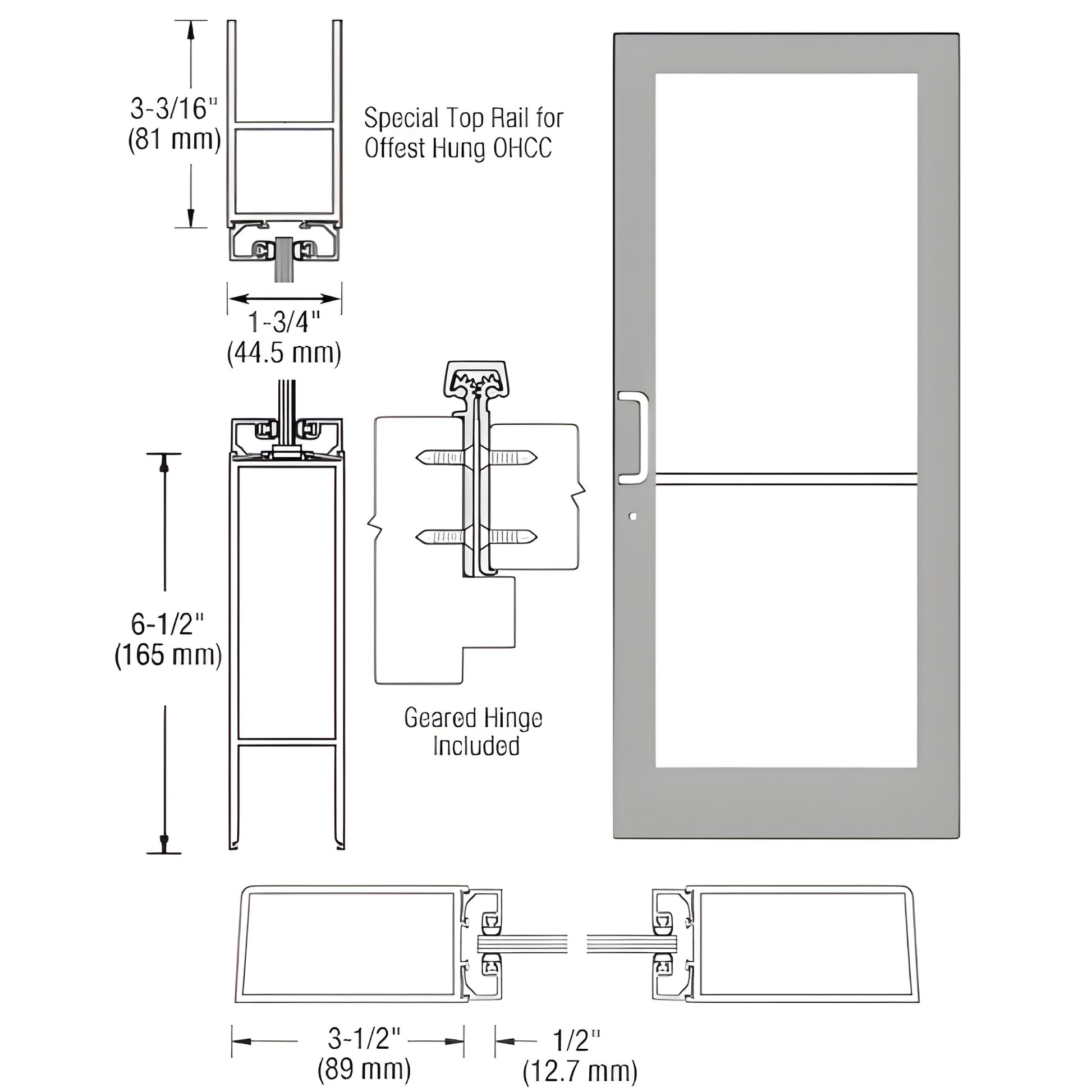 CRL medium stile entrance door DC41911 - clear anodized aluminum frame, 3-1/2" stiles, 6-1/2" bottom rail, tempered glass.