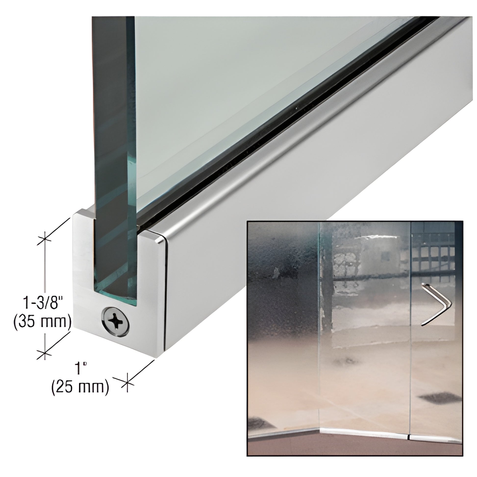Brushed stainless slender glass door rail (SKU SP35BS12S) for 1/2" (12mm) glass, 35mm high, 25mm wide, end cap shown