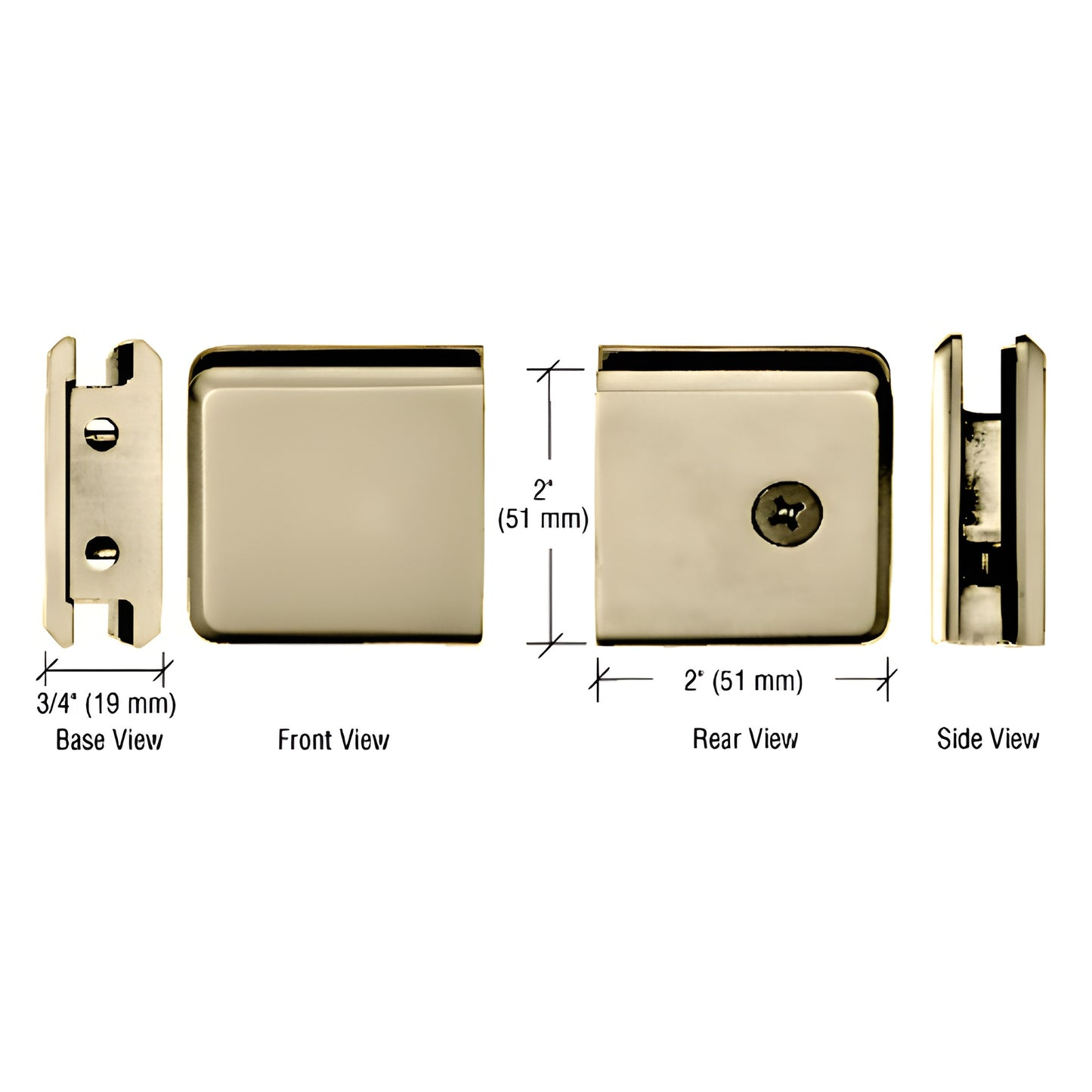 BGCU1BBRZ brushed-bronze beveled wall-mount glass clamp, solid brass; front/rear/side/base views, 2" 2" face, 3/4" base.