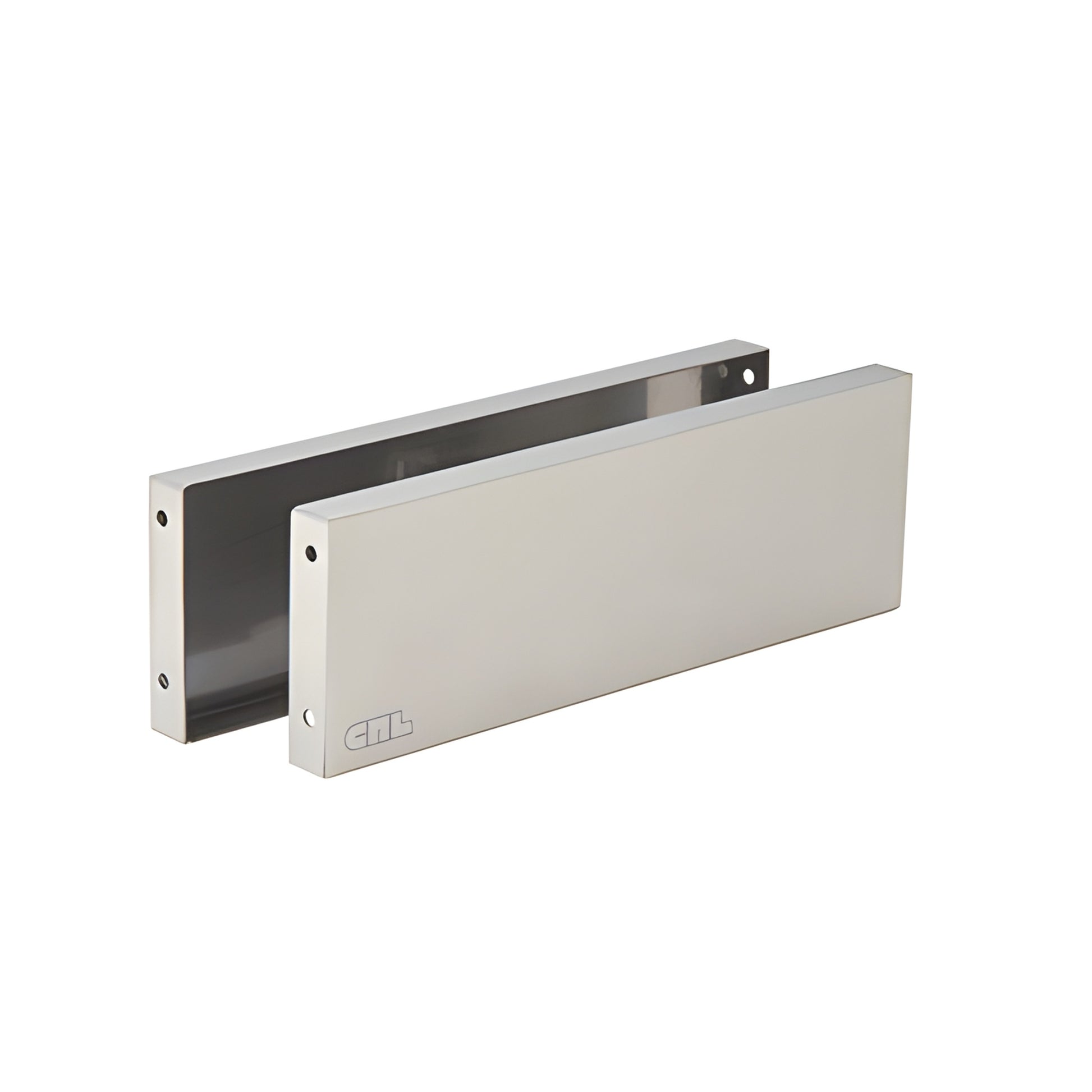 Brushed stainless steel slim cladding for Oil Dynamic patch hinge H100ECBS, rectangular cover for glass doors.