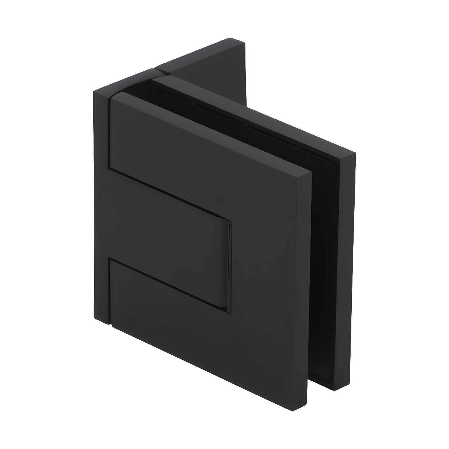 PAL044MBL matte black Palermo frameless glass door hinge, square offset back plate, fits 3/8-1/2 in (10-12mm) glass.
