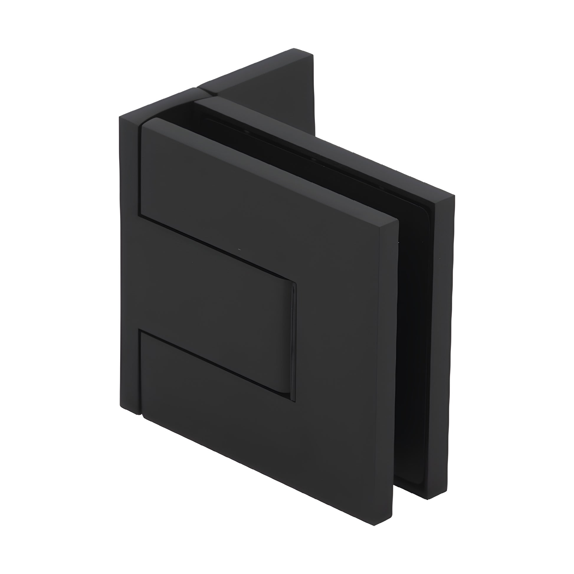 PAL044MBL matte black Palermo frameless glass door hinge, square offset back plate, fits 3/8-1/2 in (10-12mm) glass.