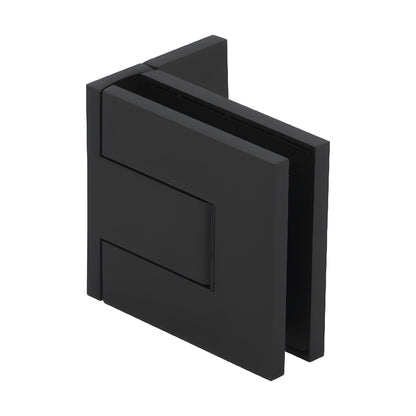 PAL044MBL matte black Palermo frameless glass door hinge, square offset back plate, fits 3/8-1/2 in (10-12mm) glass.