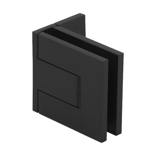PAL044MBL matte black Palermo frameless glass door hinge, square offset back plate, fits 3/8-1/2 in (10-12mm) glass.