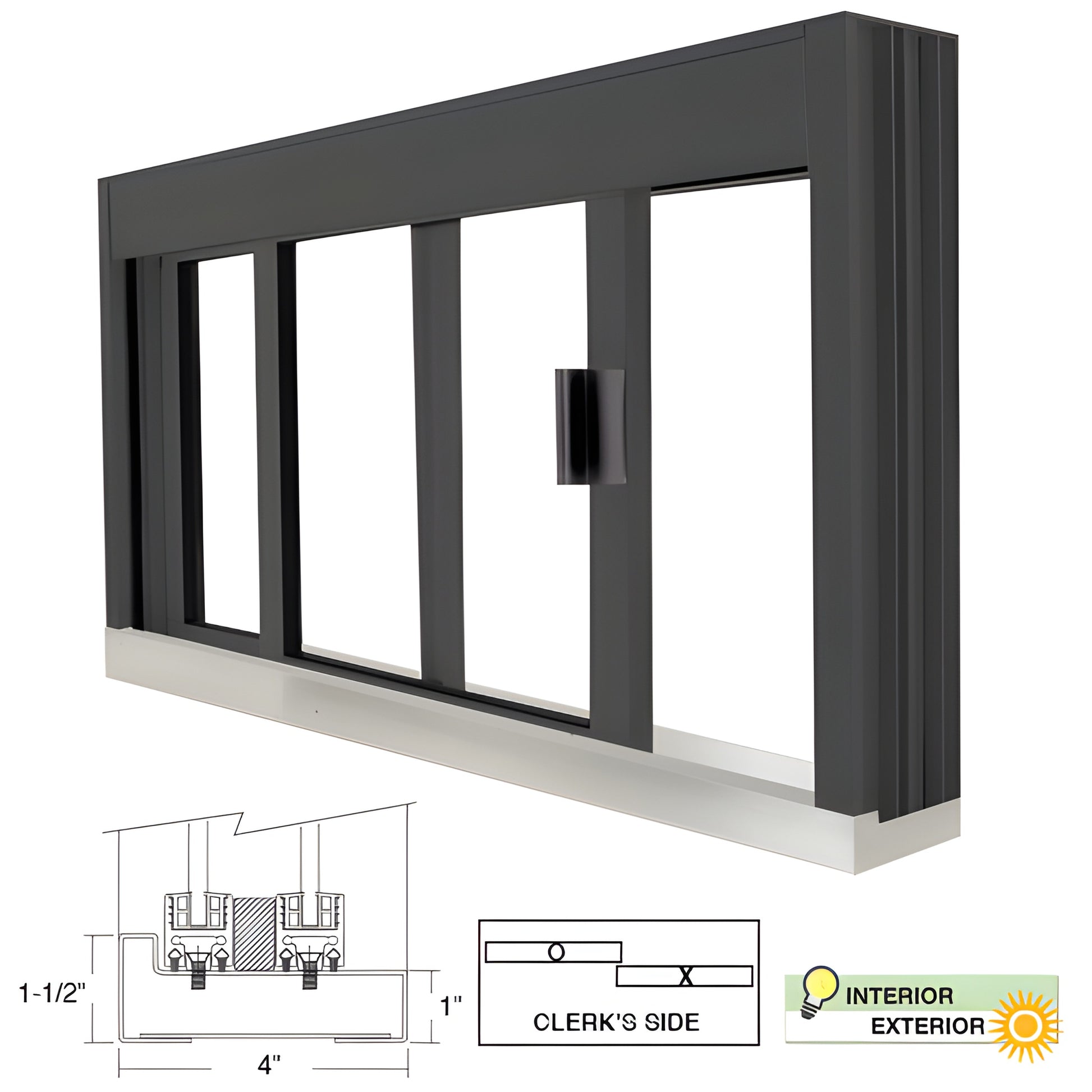 DW4836S0XUDU Duranodic bronze aluminum 48x36 manual sliding service window with latching handle, stainless sill