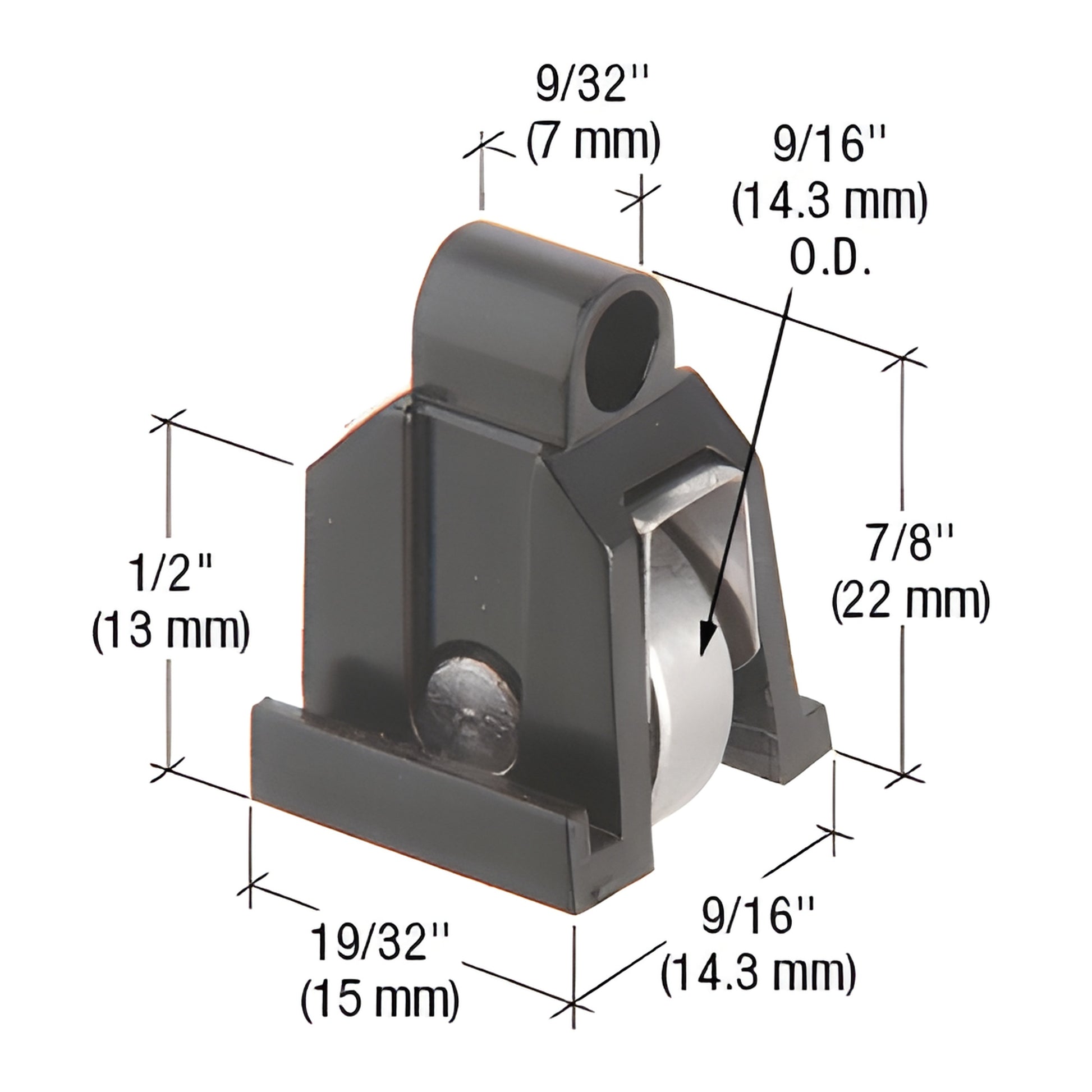 G3199 stainless steel flat-edge roller in black plastic housing for sliding doors, 9/16" OD, 19/32" housing.