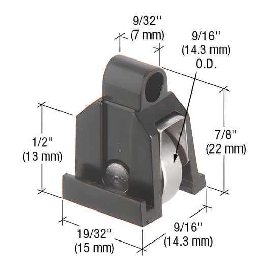 G3199 stainless steel flat-edge roller in black plastic housing for sliding doors, 9/16" OD, 19/32" housing.