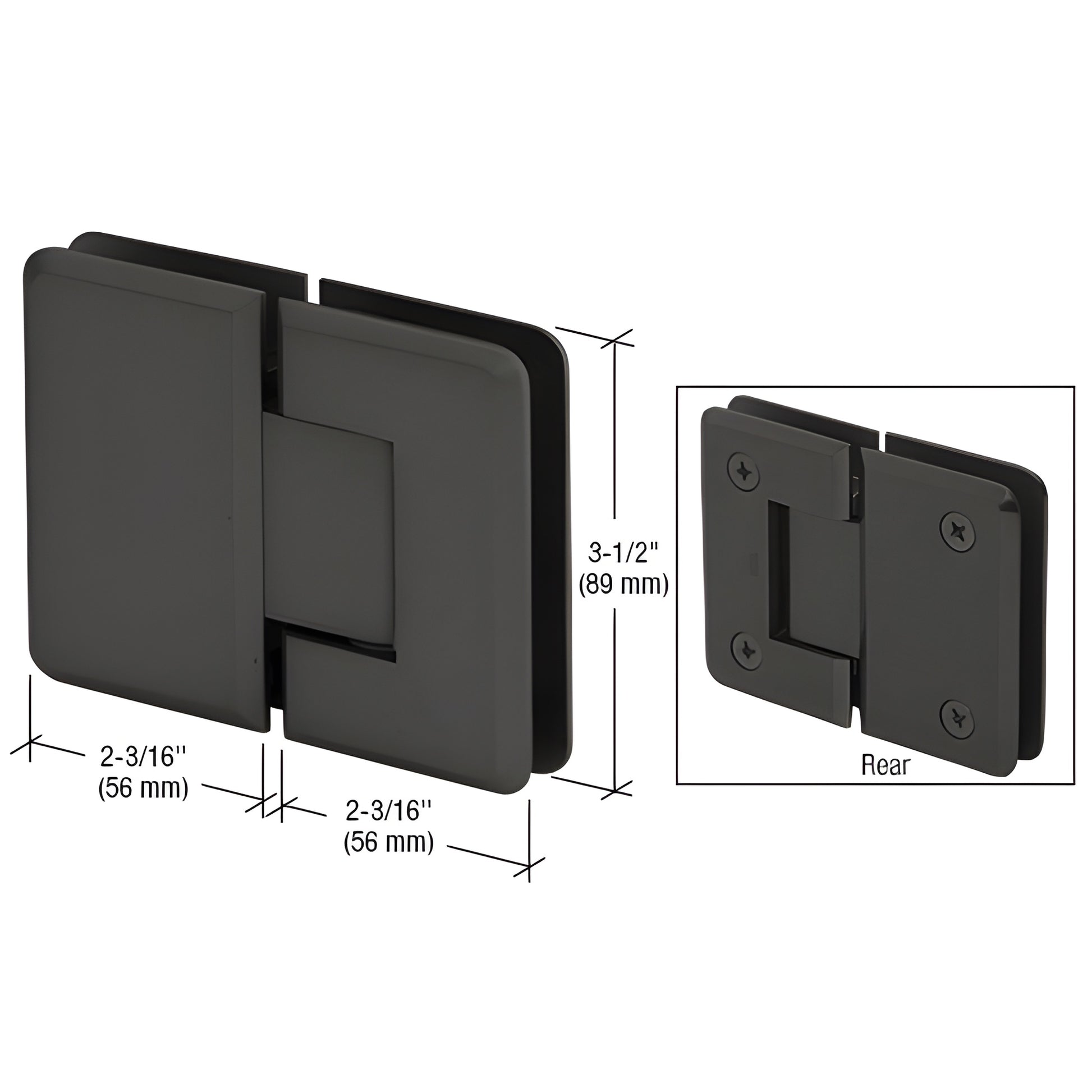Matte black Pinnacle glass-to-glass shower hinge, beveled brass, 3-1/2" high, fits 8-12mm glass - SKU P1N180MBL