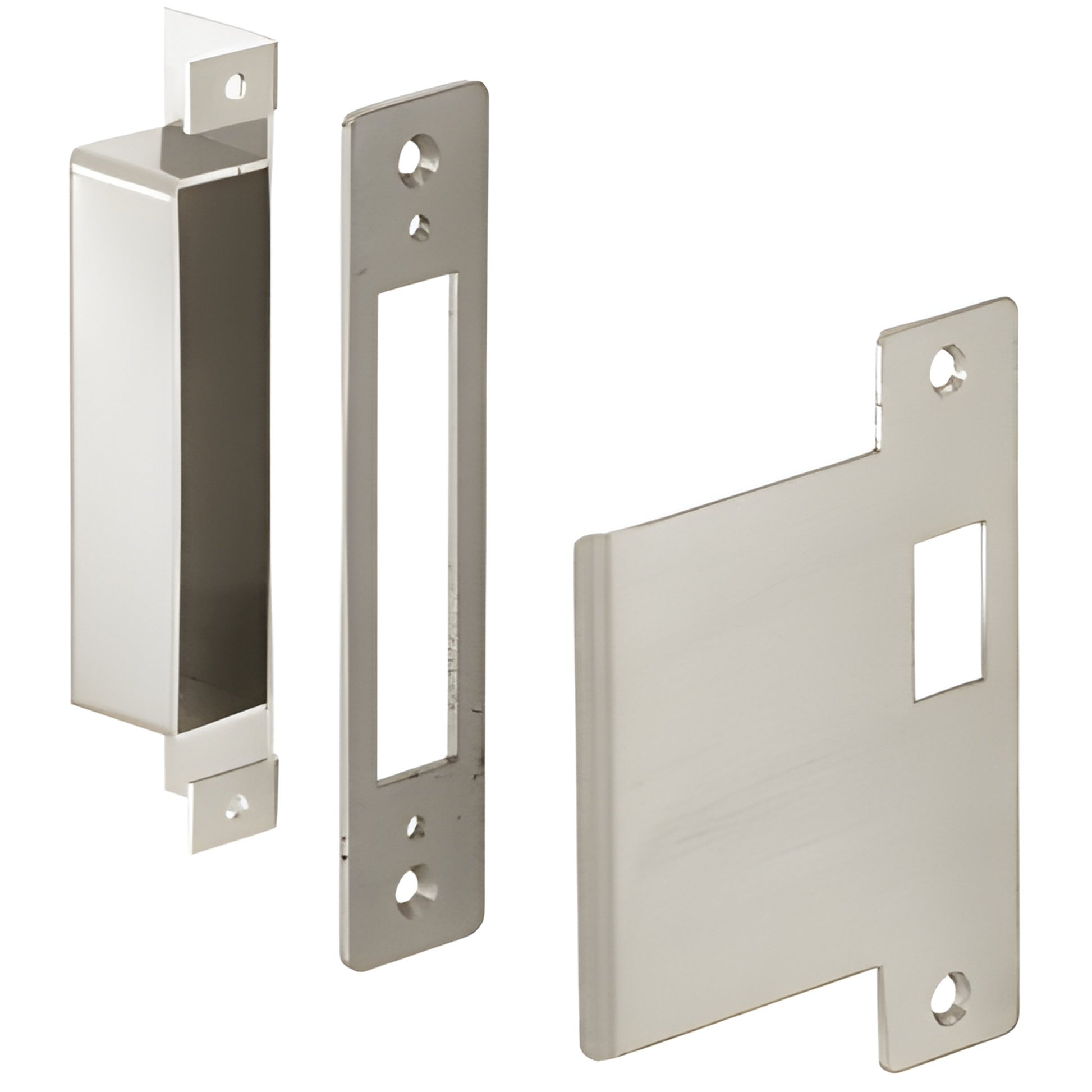 DLL6560 brushed stainless steel 6x10 center lock strike set with dust box and backup plate, right-hand