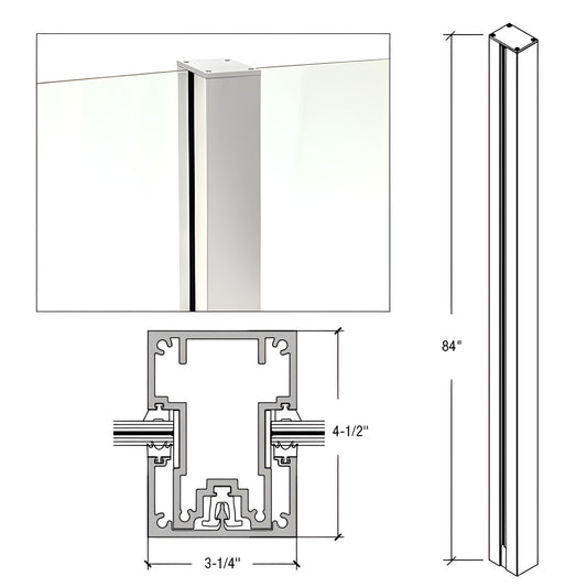 Cielo post windscreen system (SKU C84CKS) silver aluminum post, 3-1/4" trim, 4-1/2" depth, 84" height, for 1/2"-9/16" glass