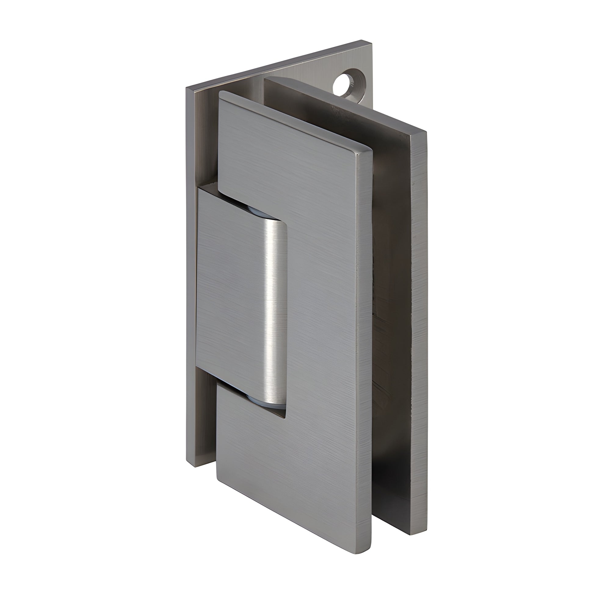 GEN344BN brushed-nickel adjustable Geneva shower door hinge for 8-12mm glass, solid brass, square-edge design.