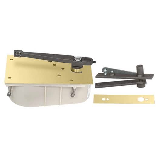 Rixson Polished Brass 28 Series Floor Closer, Center-Hung Left Hand, 105º Hold Open