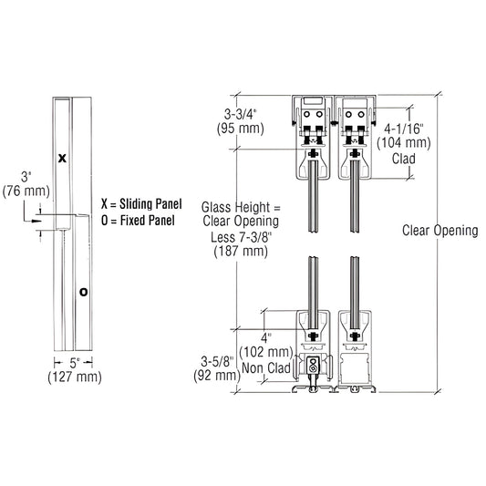 CRL SDR2CSA bottom-rolling sliding door system diagram with 4 in tapered rails, Wedge-Lock glazing, max 108 48 in.