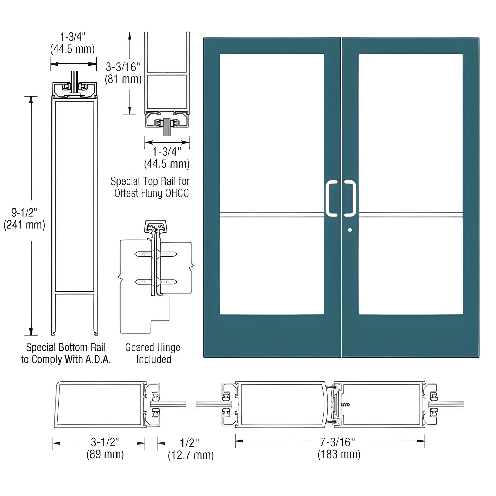 CRL CD42971 medium-stile double entrance door, custom Kynar teal finish, glass panels, ADA 9-1/2" bottom rail, geared hinge.
