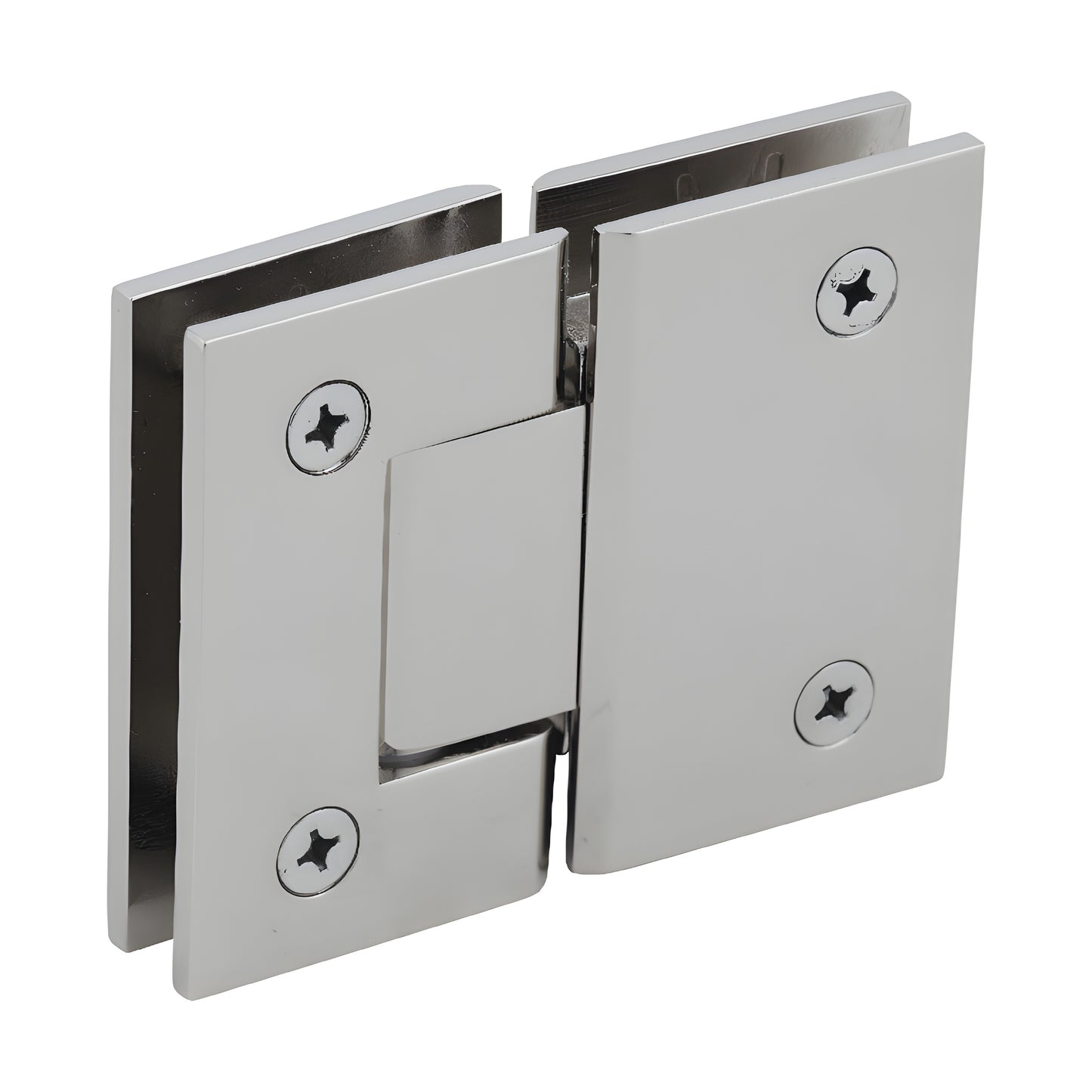 Polished nickel glass-to-glass shower hinge GEN580PN - square brass Geneva hinge, 5 pre-set, for 8-12mm glass.