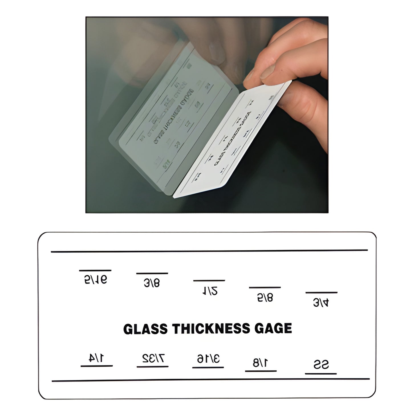 CRL Glass Thickness Gauge (SKU G1340) held against a glazed window, using reflected guide lines to read single-pane glass thi