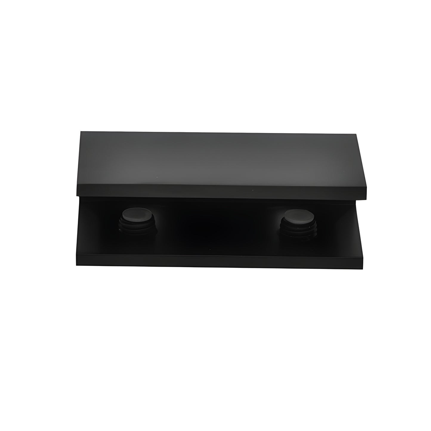 Matte black solid brass no-drill fixed panel clamp kit (NDC4MBL) with clear gasket and two mounting screws.