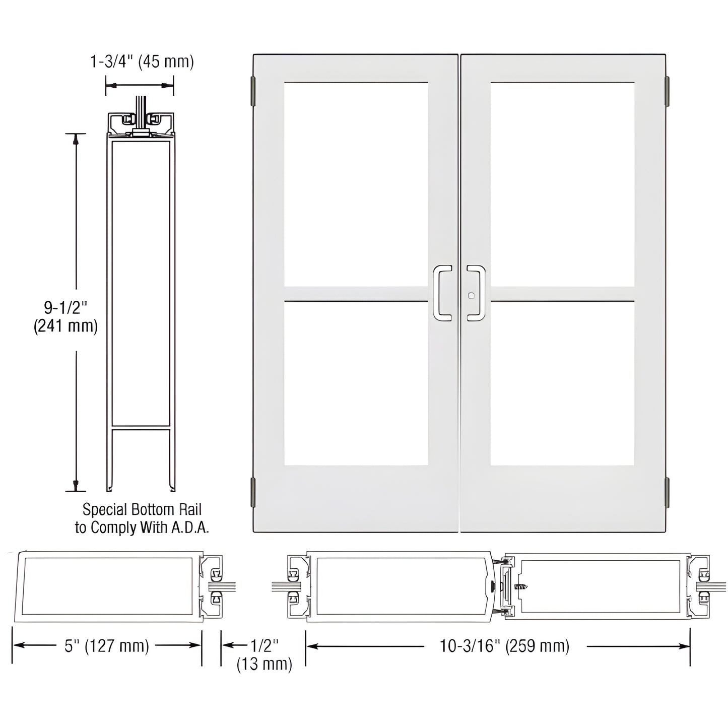CZ52552 white Kynar wide-stile double glass entrance door, 5in stiles, ADA 91 2in bottom rail, prepped for hardware