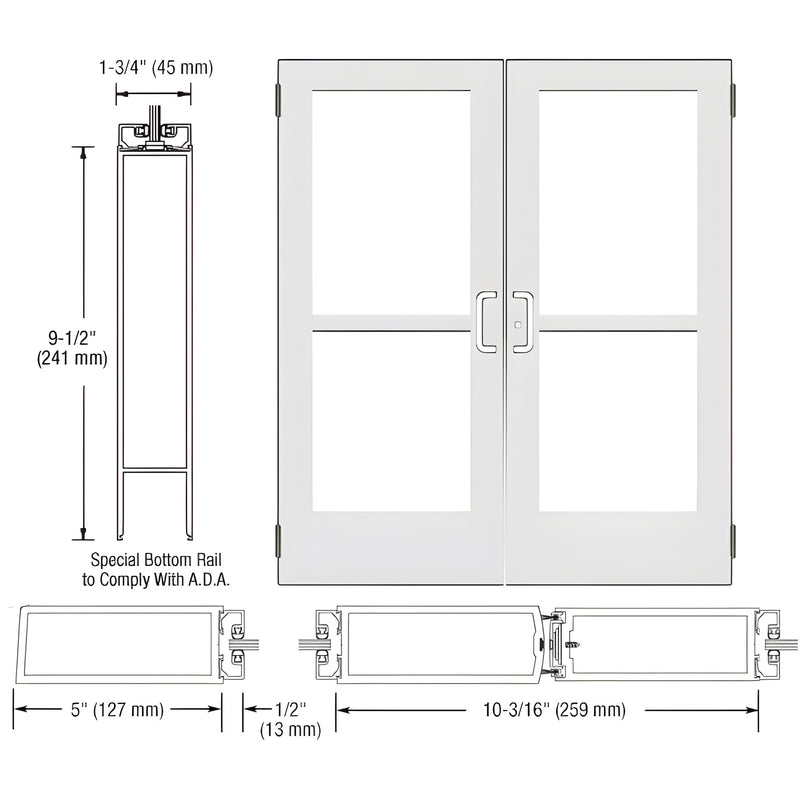 CZ52552 white Kynar wide-stile double glass entrance door, 5in stiles, ADA 91 2in bottom rail, prepped for hardware
