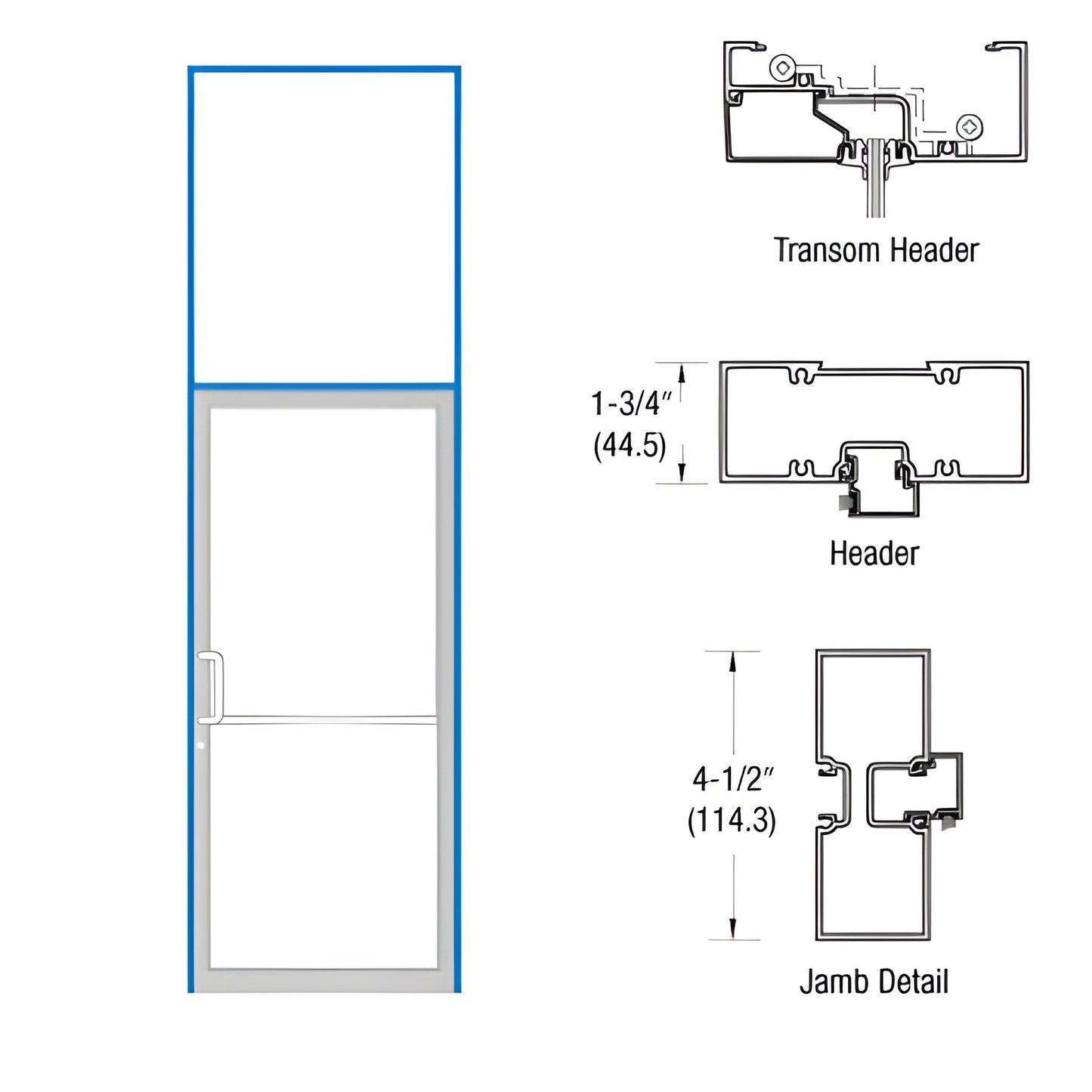 Aluminum transom frame (SKU FR61571) with 1-3/4" x 4-1/2" jambs, header and jamb detail diagrams