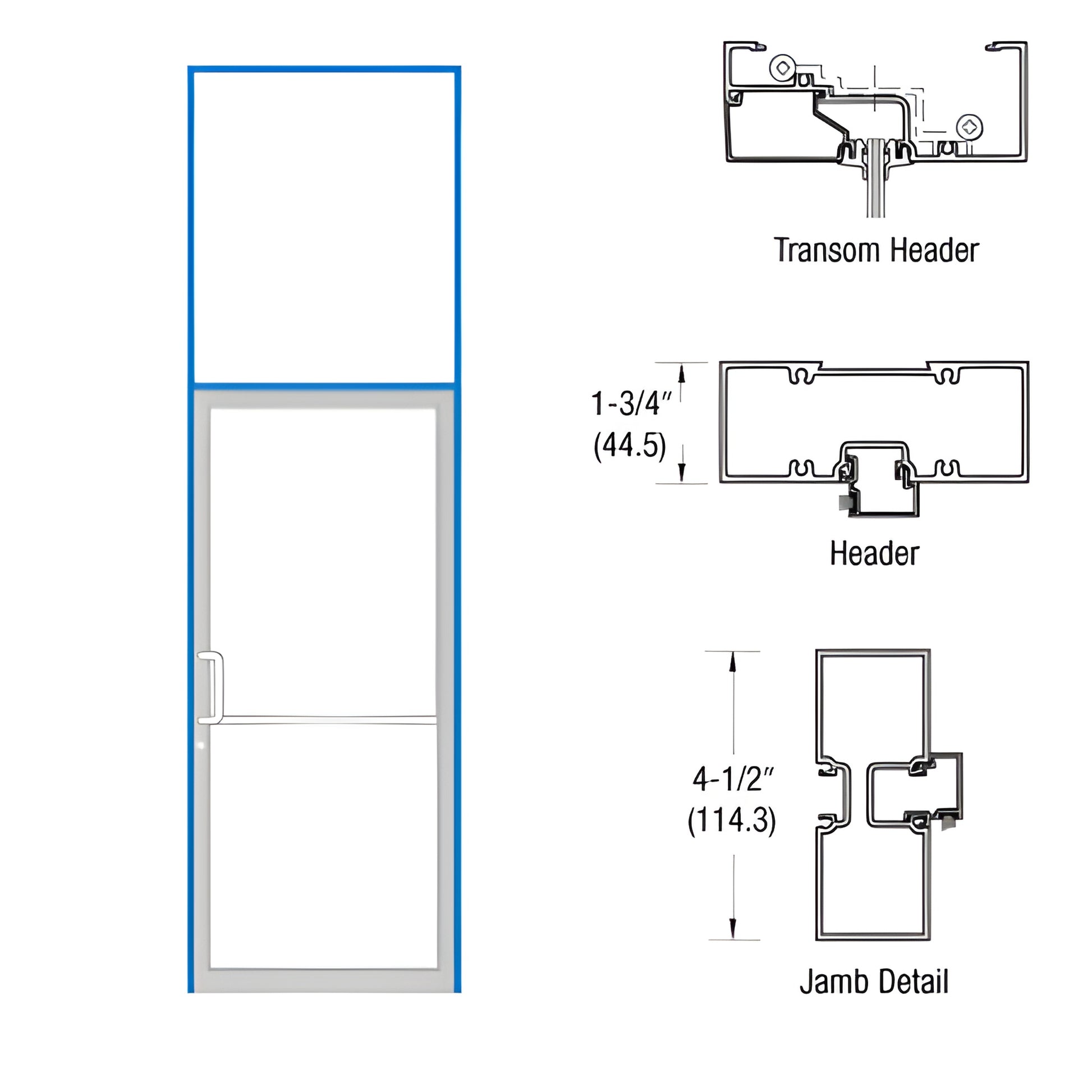 Aluminum transom frame (SKU FR61571) with 1-3/4" x 4-1/2" jambs, header and jamb detail diagrams