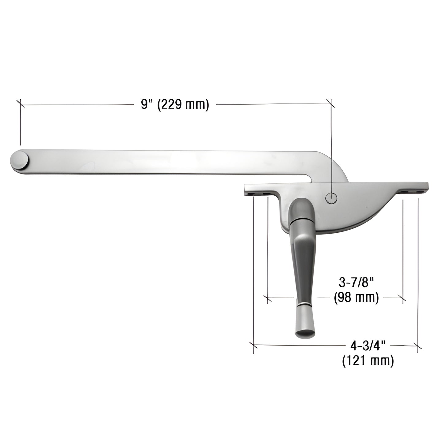 Right-hand aluminum CRL casement window operator with teardrop handle, 9" arm, 5/16" spline, includes crank.