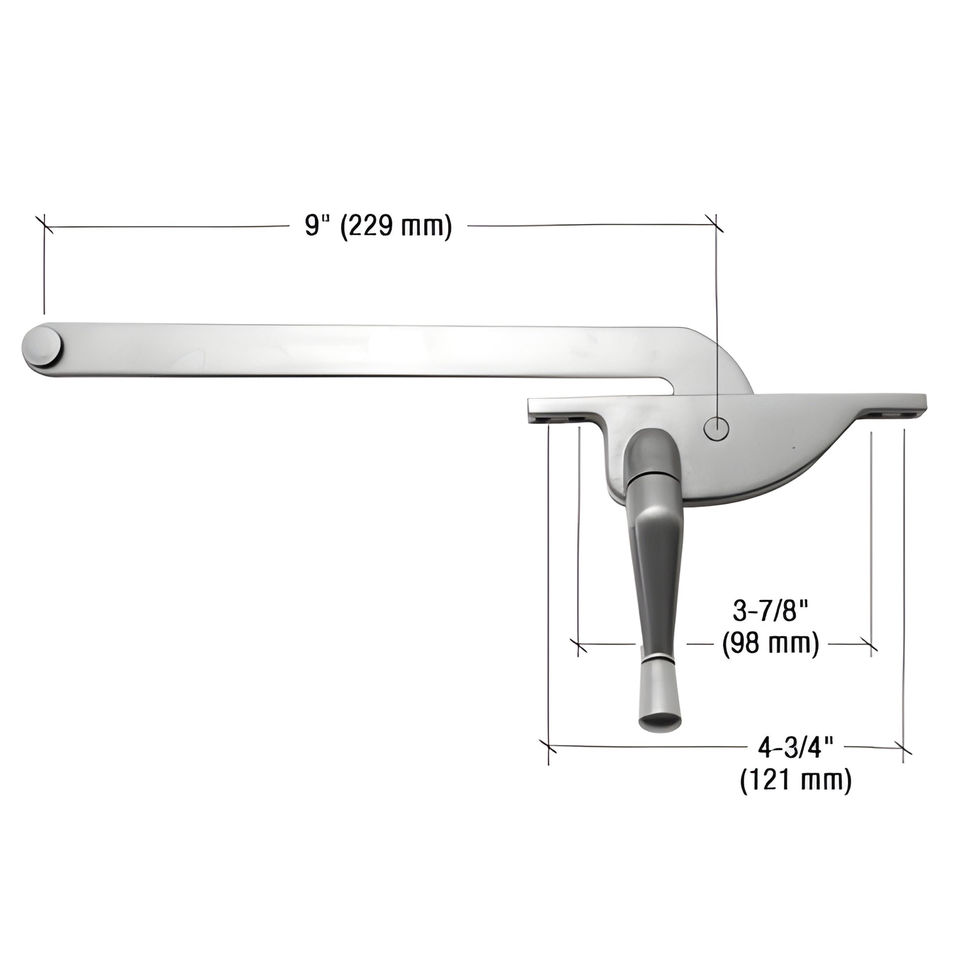 Right-hand aluminum CRL casement window operator with teardrop handle, 9" arm, 5/16" spline, includes crank.
