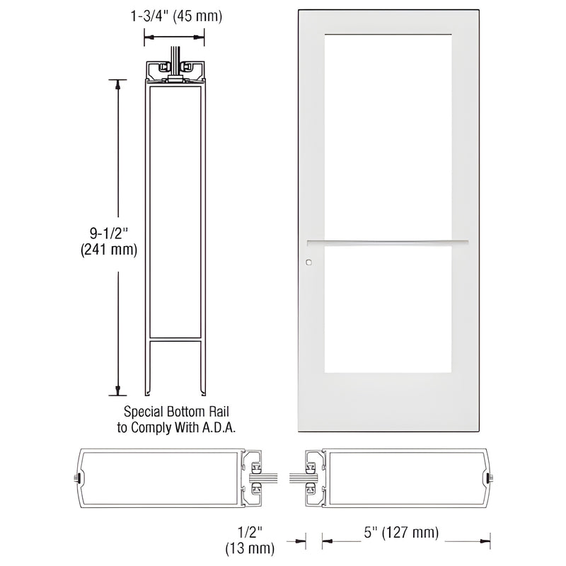 DE51752 white Kynar commercial wide-stile entrance door - 5" stiles, 5.5" top rail, 9.5" ADA bottom rail, fits 1/4" tempered
