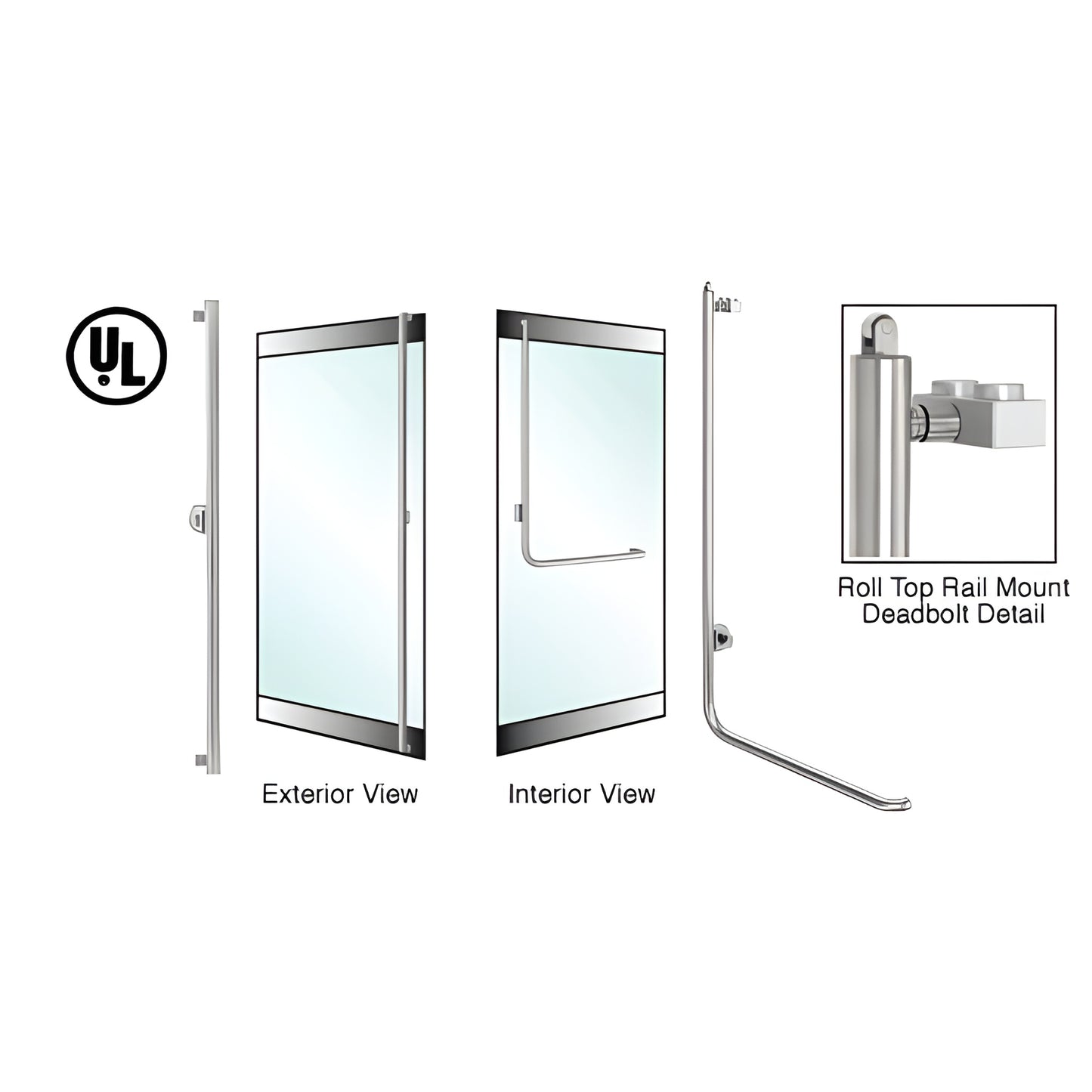 Brushed stainless 1-1/4 in rail-mount deadbolt handle for glass doors, interior and exterior views SKU DBR100F4R1BS
