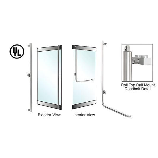 Brushed stainless 1-1/4 in rail-mount deadbolt handle for glass doors, interior and exterior views SKU DBR100F4R1BS