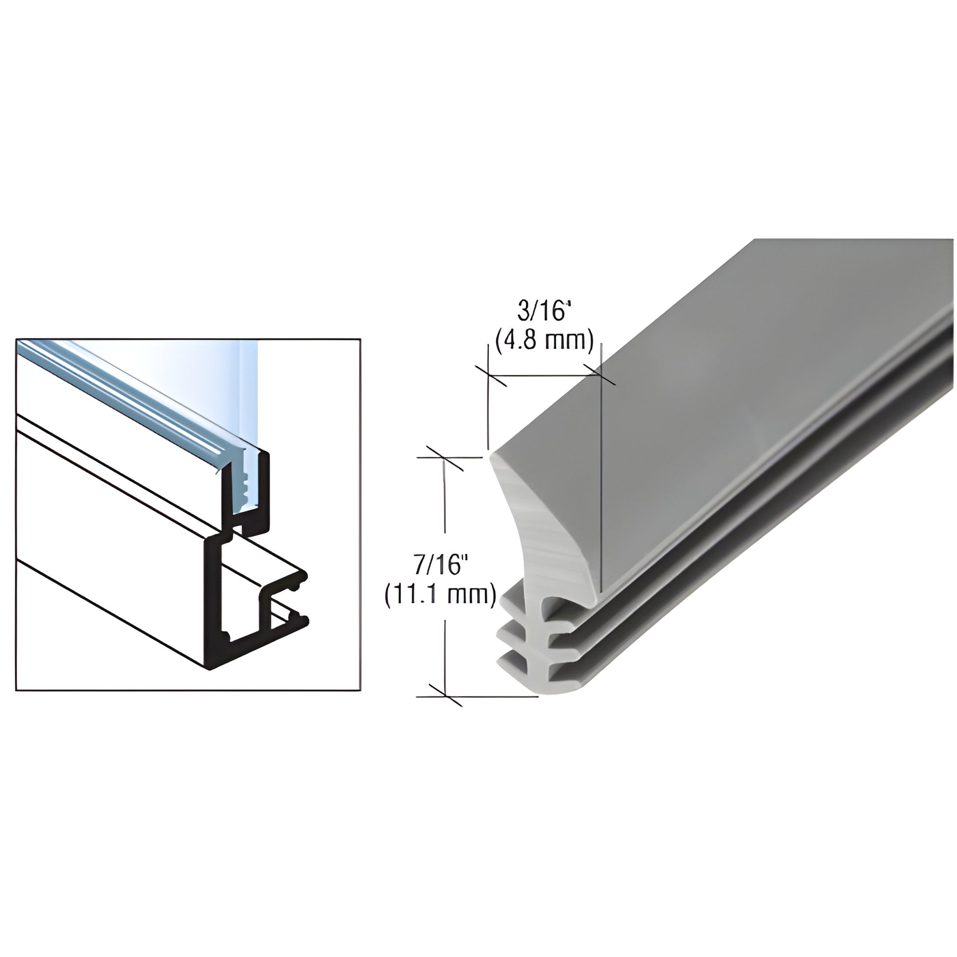 GS301M gray extruded vinyl universal glazing spline, 7/16" high x 3/16" wide, press-fit for drop-in aluminum frames.