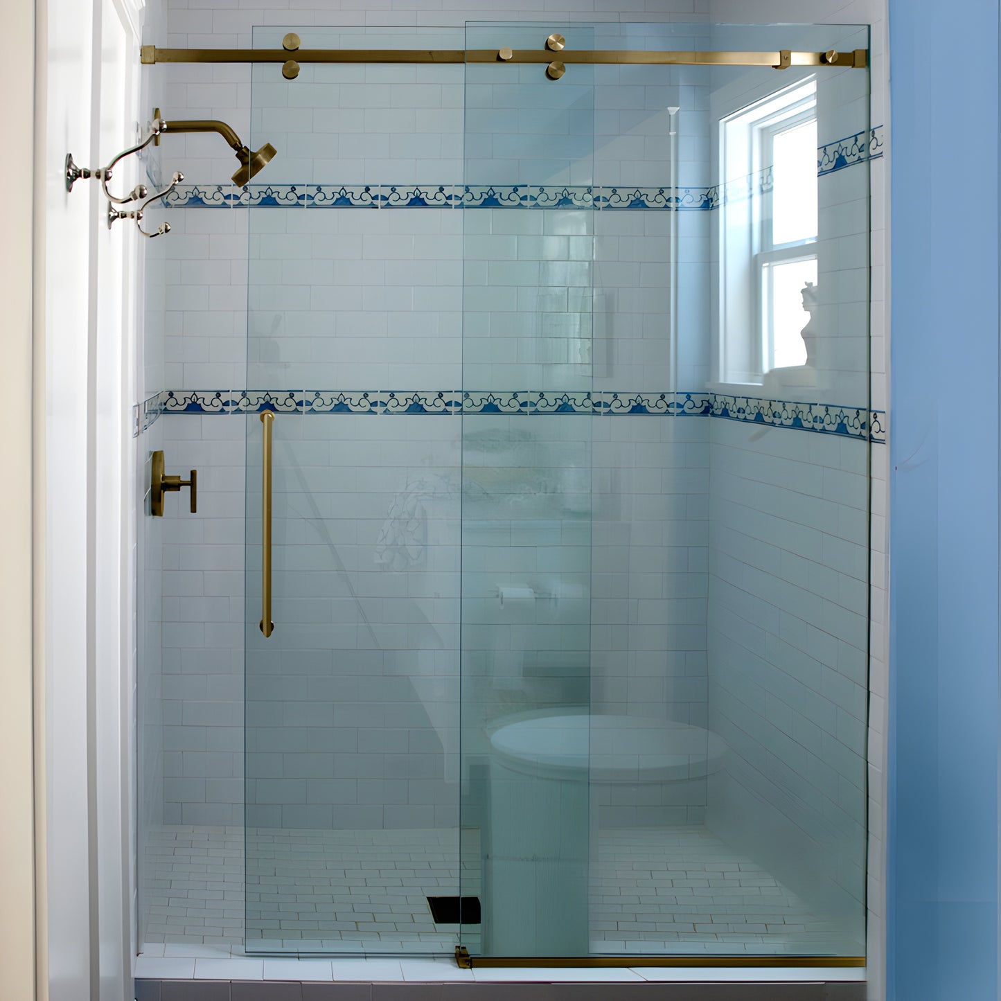 Frameless squared sliding shower system in brushed bronze-top roller rail, one sliding door and fixed panel for 8-10mm glass