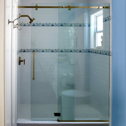 Frameless squared sliding shower system in brushed bronze-top roller rail, one sliding door and fixed panel for 8-10mm glass