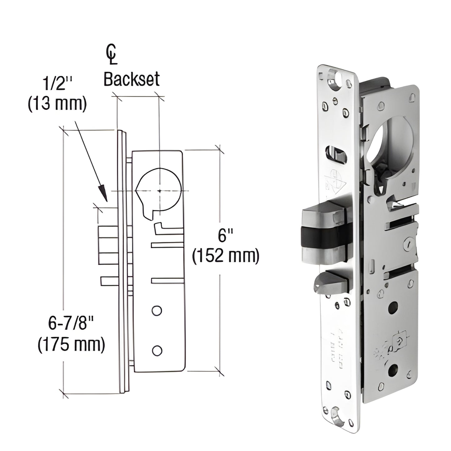 Adams Rite AR45134R chrome deadlatch, 1/2" throw, AR MS-type cam, field-reversible, key-controlled dogging.