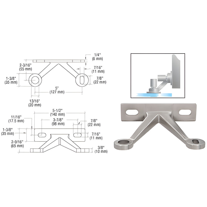 GRF2VBS stainless steel V mount fitting for frameless glass panels, wall/fin mount, includes studs and cap nuts.