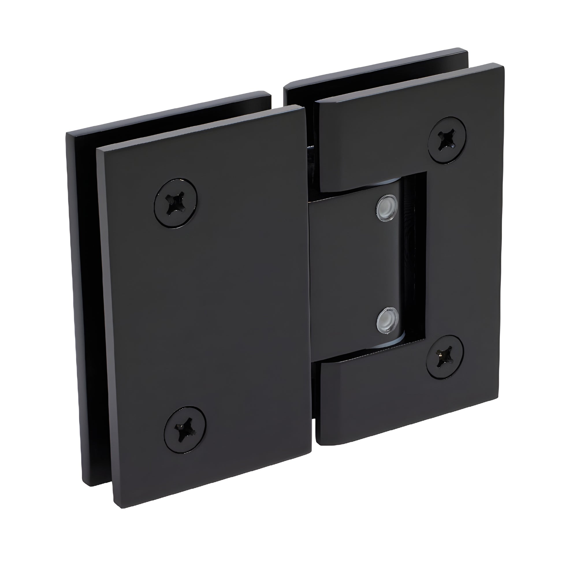 GEN380MBL matte black Geneva adjustable glass-to-glass shower hinge, brass, self-centering, fits 8-12mm glass.