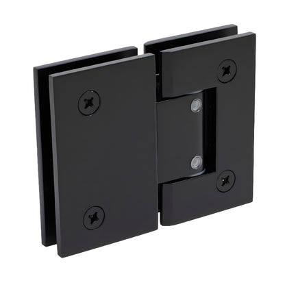 GEN380MBL matte black Geneva adjustable glass-to-glass shower hinge, brass, self-centering, fits 8-12mm glass.