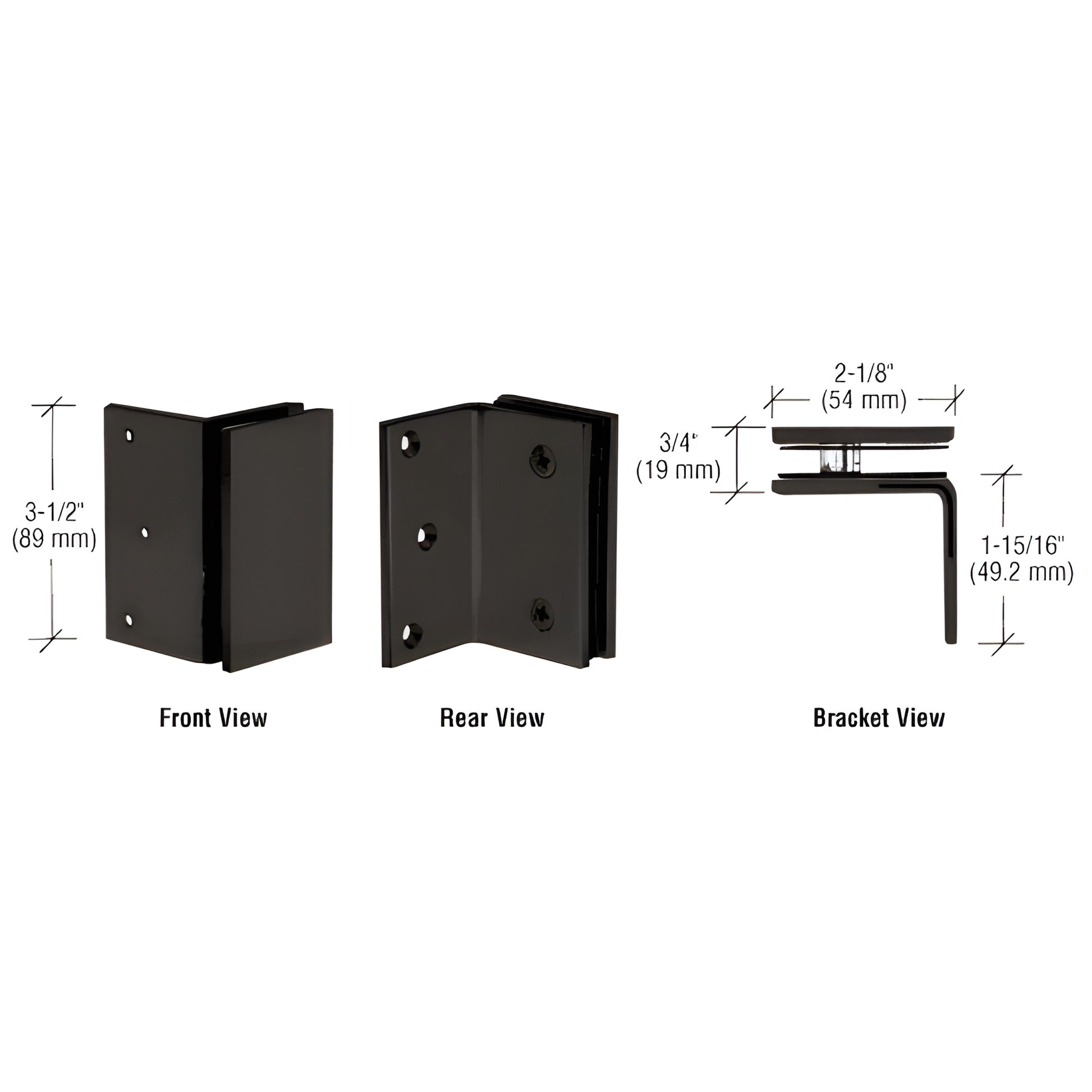 GE90SMBL matte black brass Geneva wall-mount bracket for 8-12mm (5/16-1/2") glass, square-corner design, front/rear views
